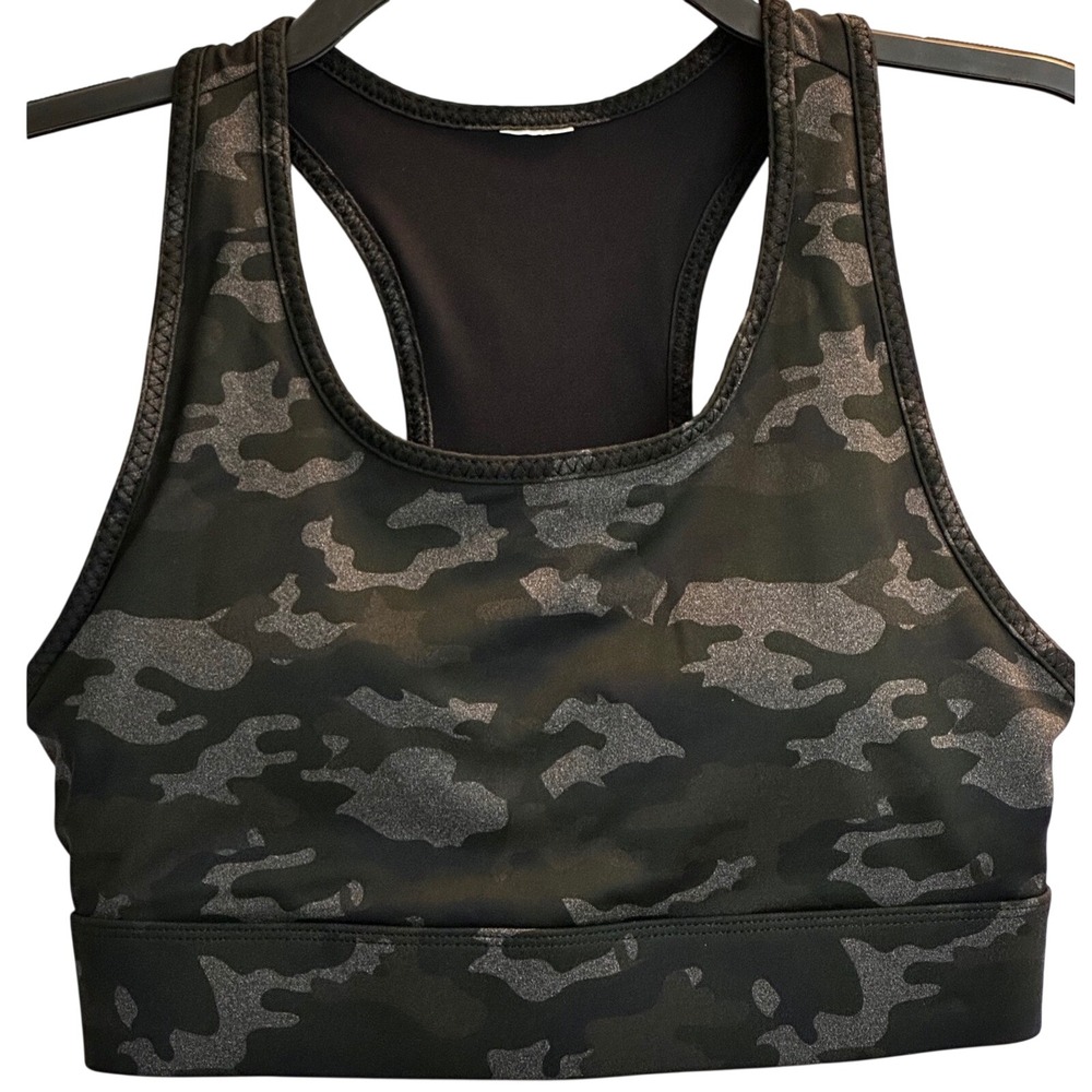 Fabletics Womens Black Grey Camo Shimmer Racerback Mesh Sports Bra Activewear